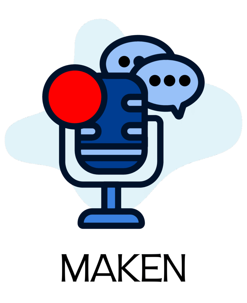 Maken, een staande microfoon met een opname knop en tekstballonnen.