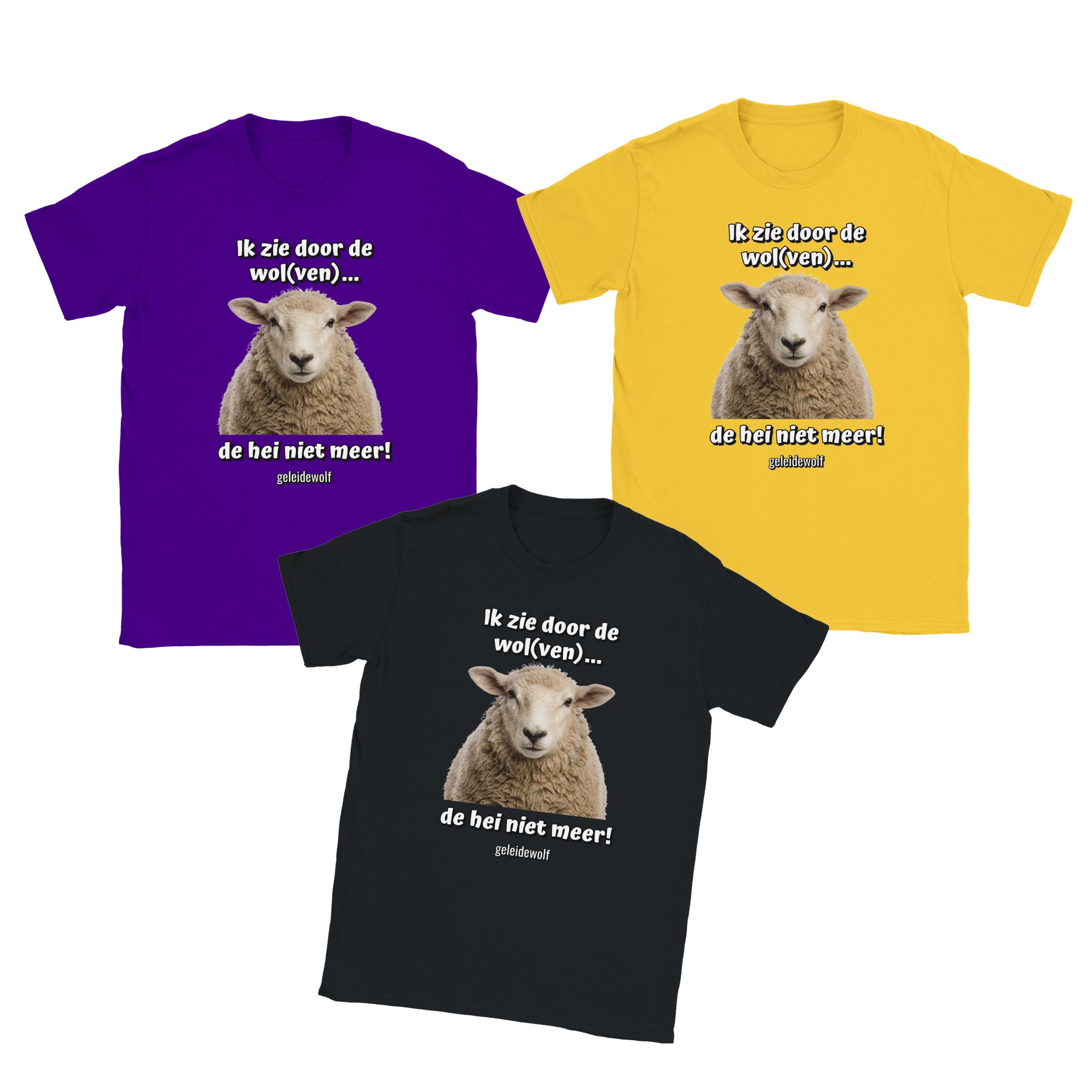 Drie shirts met de tekst: ik zie door de wolven de hei niet meer. Foto van een schaap die je recht aankijkt. Kleuren: zwart, fel geel en paars